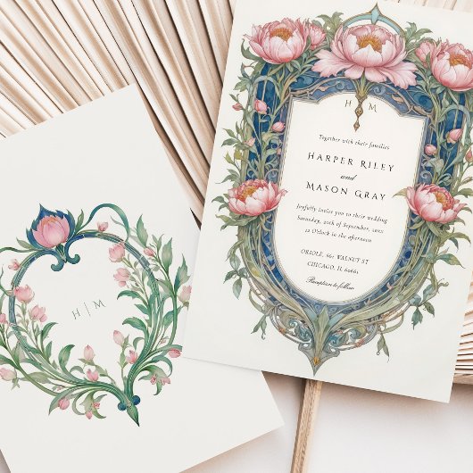 Elegante Art Nouveau pioenen bruiloft uitnodiging