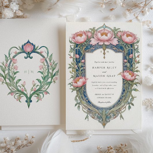 Elegante Art Nouveau pioenen bruiloft uitnodiging