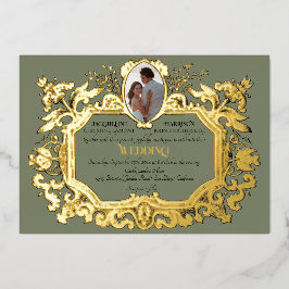 Elegante Art Nouveau Rococo Foto Sage Bruiloft Folie Uitnodiging