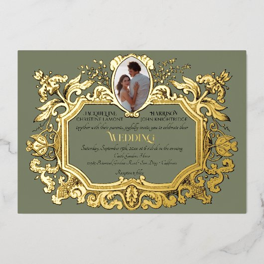Elegante Art Nouveau Rococo Foto Sage Bruiloft Folie Uitnodiging (Voorkant)