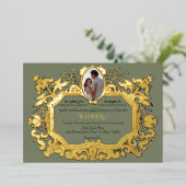Elegante Art Nouveau Rococo Foto Sage Bruiloft Folie Uitnodiging (Staand Voorkant)