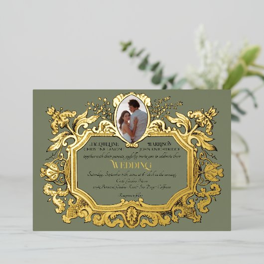 Elegante Art Nouveau Rococo Foto Sage Bruiloft Folie Uitnodiging (Staand Voorkant)