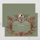 Elegante Art Nouveau Rococo Gold Sage Foto Bruilof Kaart (Voorkant / Achterkant)