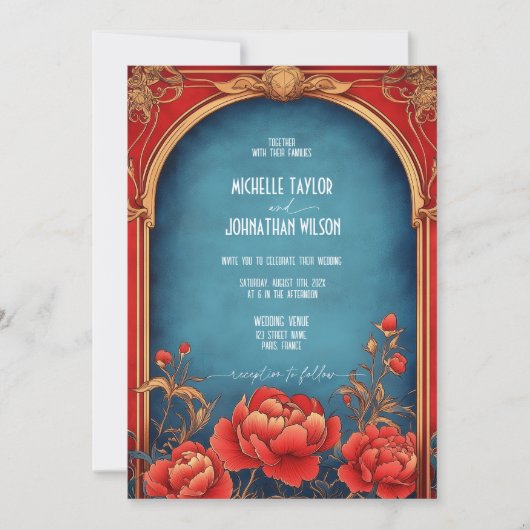 Elegante  art nouveau rode pioenen mucha kaart (Voorkant)