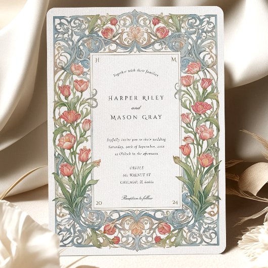 Elegante Art Nouveau rode tulpen bruiloft Kaart