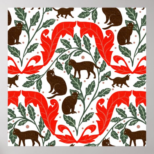 Elegante Art Nouveau Rood Bruin-Zwart Kat- Poster (Voorkant)