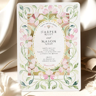 Elegante Art Nouveau Roze Bloem Gouden Lijst Bruil Kaart