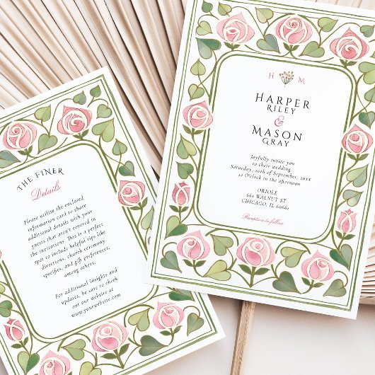 Elegante Art Nouveau Roze Rozen Tuin bruiloft Kaart