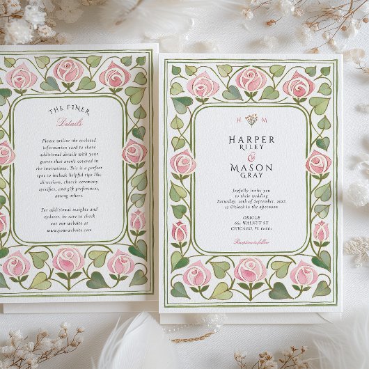 Elegante Art Nouveau Roze Rozen Tuin bruiloft Kaart