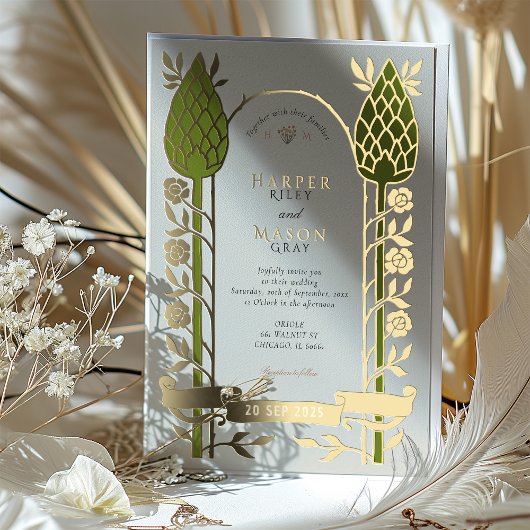Elegante Art Nouveau Thistle Gold Foil Wedding Folie Uitnodiging