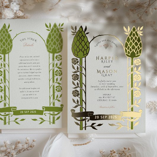 Elegante Art Nouveau Thistle Gold Foil Wedding Folie Uitnodiging