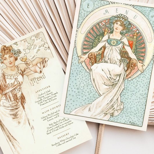 Elegante Art Nouveau Trouwdiner Menu Mucha Kaart