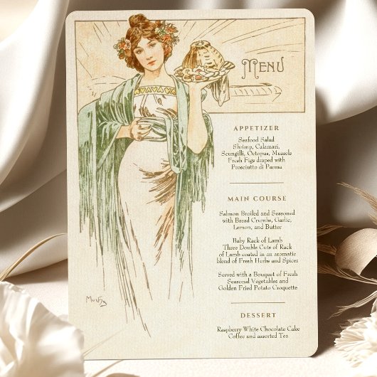 Elegante Art Nouveau Trouwdiner Menu Mucha Kaart