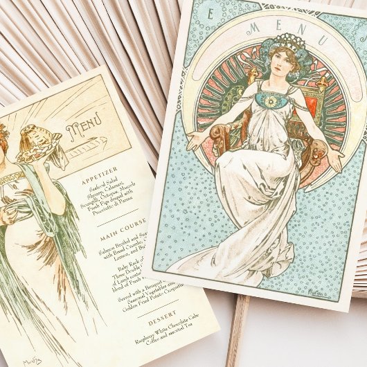 Elegante Art Nouveau Trouwdiner Menu Mucha Kaart