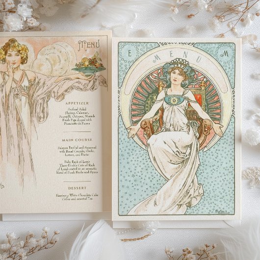 Elegante Art Nouveau Trouwdiner Menu Mucha Kaart