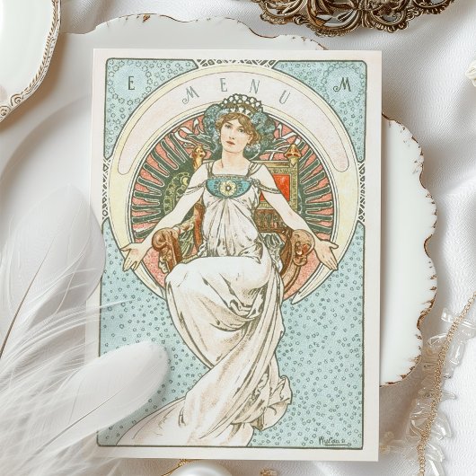 Elegante Art Nouveau Trouwdiner Menu Mucha Kaart
