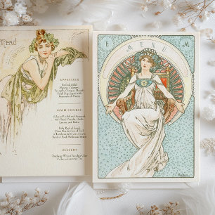 Elegante Art Nouveau Trouwdiner Menu Mucha Kaart