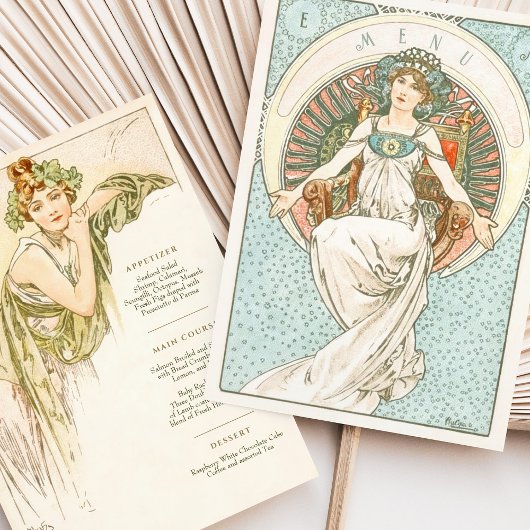 Elegante Art Nouveau Trouwdiner Menu Mucha Kaart