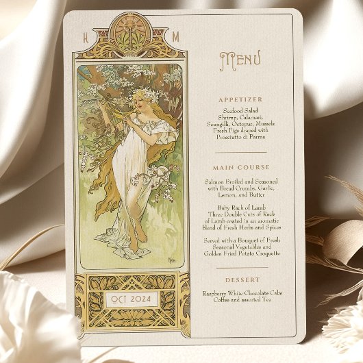 Elegante Art Nouveau Trouwdiner Menu Mucha Kaart