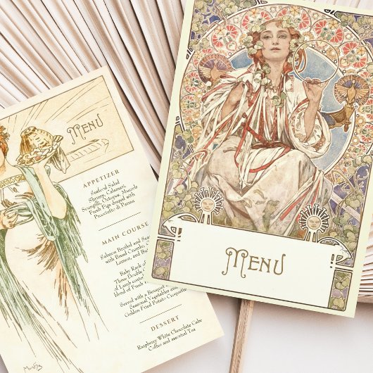 Elegante Art Nouveau Trouwdiner Menu Mucha Kaart