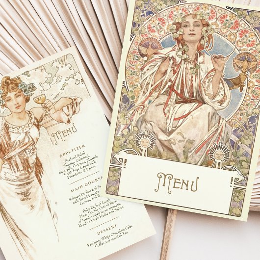 Elegante Art Nouveau Trouwdiner Menu Mucha Kaart