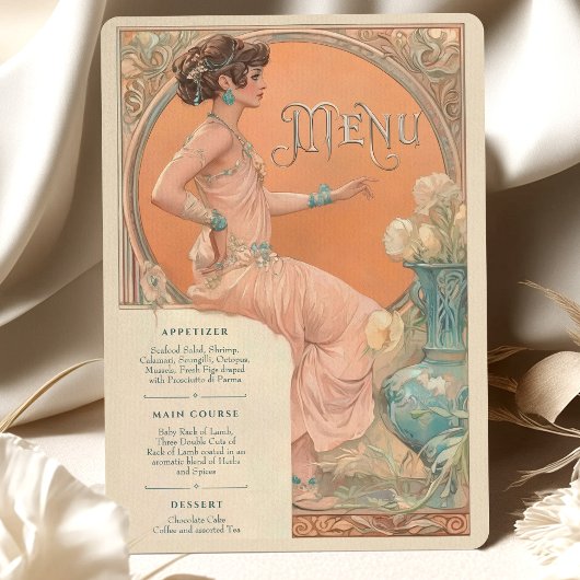 Elegante Art Nouveau Trouwmenu Kaart Koraal Blauwg