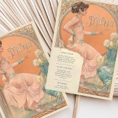 Elegante Art Nouveau Trouwmenu Kaart Koraal Blauwg
