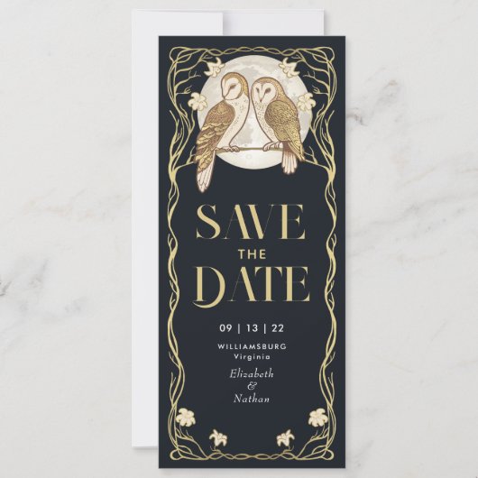 Elegante Art Nouveau Uilen Bewaar de Datum Kaart (Voorkant)
