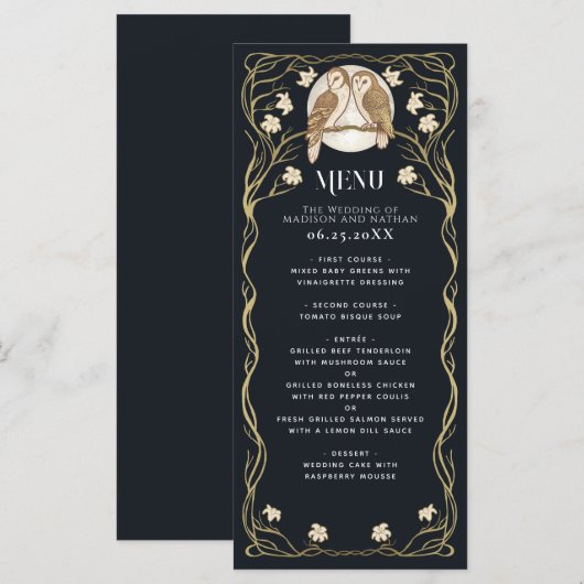 Elegante Art Nouveau Uilen Bruiloft Menu (Voorkant / Achterkant)