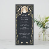 Elegante Art Nouveau Uilen Bruiloft Menu (Staand voorkant)