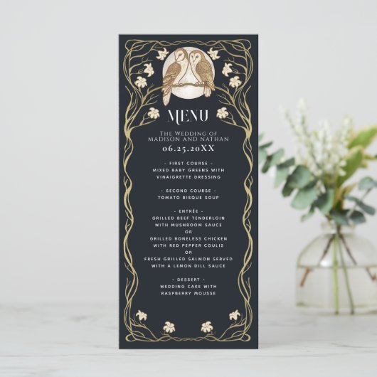 Elegante Art Nouveau Uilen Bruiloft Menu (Staand voorkant)