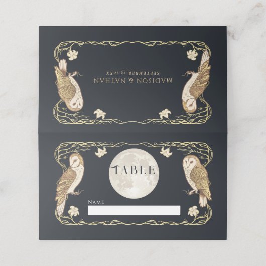 Elegante Art Nouveau Uilen Bruiloft Plaatskaartje (Buitenkant ongevouwen)