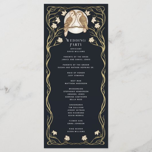 Elegante Art Nouveau Uilen Bruiloft Programmakaart (Achterkant)