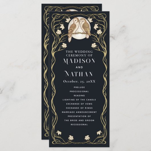 Elegante Art Nouveau Uilen Bruiloft Programmakaart (Voorkant / Achterkant)