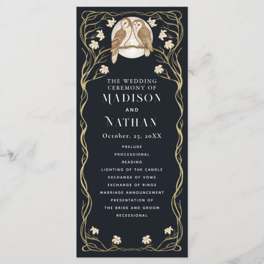 Elegante Art Nouveau Uilen Bruiloft Programmakaart (Voorkant)