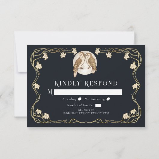 Elegante Art Nouveau Uilen Bruiloft RSVP Kaartje (Voorkant)