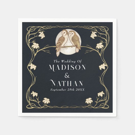 Elegante Art Nouveau Uilen Bruiloft Servet (Voorkant)