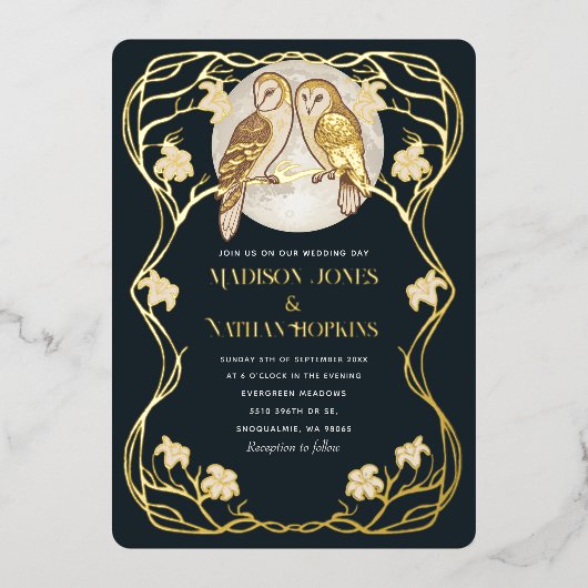 Elegante Art Nouveau Uilen bruiloft uitnodiging (Voorkant)