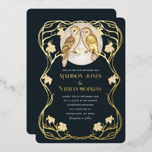 Elegante Art Nouveau Uilen bruiloft uitnodiging (Voorkant / Achterkant)