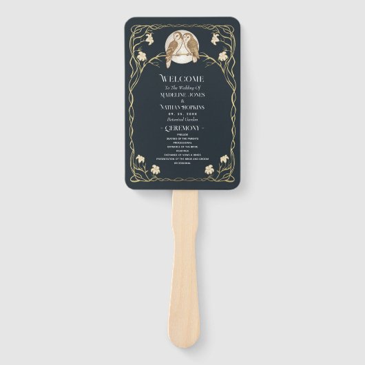 Elegante Art Nouveau Uilen Huwelijksprogramma Handwaaier (Voorkant)