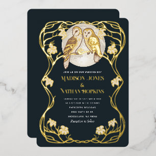 Elegante Art Nouveau Uilen Trouwkaart Folie Uitnodiging