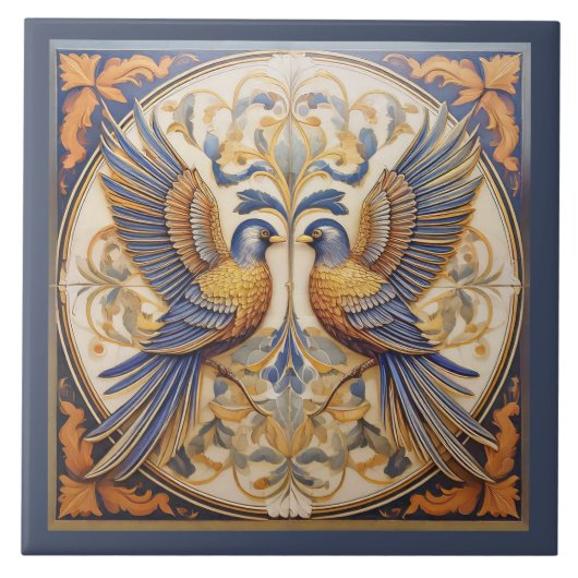 Elegante Art Nouveau Vogels Pat#21 Blauw Goud ID10 Tegeltje (Voorkant)
