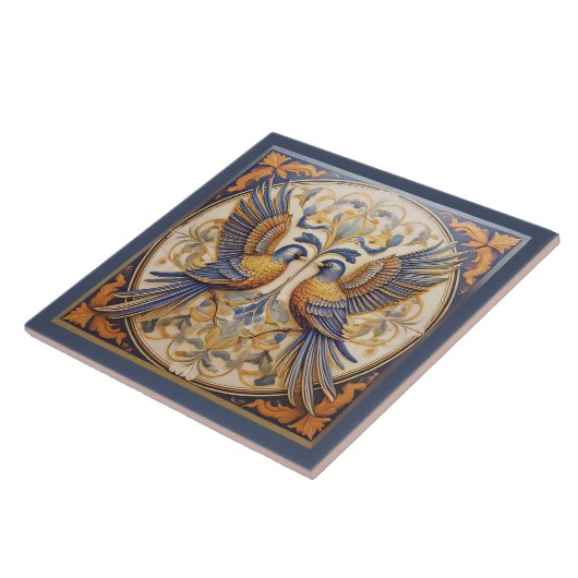 Elegante Art Nouveau Vogels Pat#21 Blauw Goud ID10 Tegeltje (Zijkant)