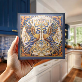 Elegante Art Nouveau Vogels Pat#21 Blauw Goud ID10 Tegeltje