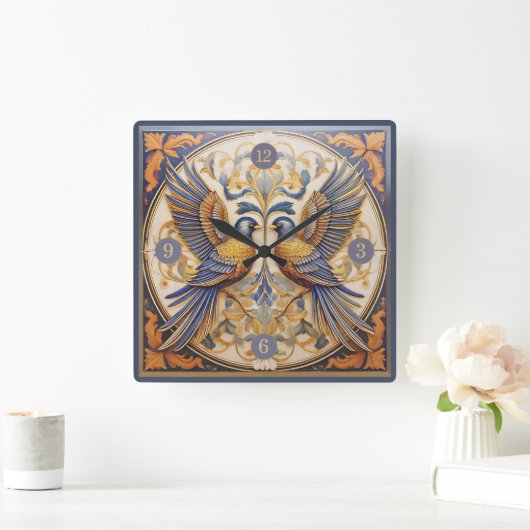 Elegante Art Nouveau Vogels Pat#21 Blauw Goud ID10 Vierkante Klok (Huis)