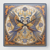 Elegante Art Nouveau Vogels Pat#21 Blauw Goud ID10 Vierkante Klok (Voorkant)