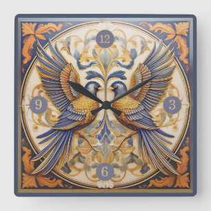 Elegante Art Nouveau Vogels Pat#21 Blauw Goud ID10 Vierkante Klok