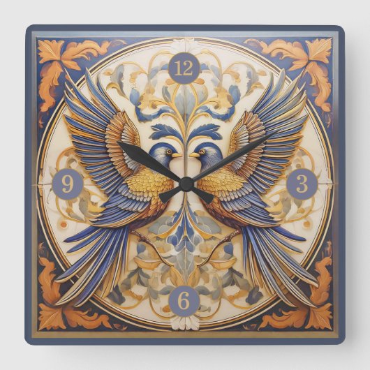 Elegante Art Nouveau Vogels Pat#21 Blauw Goud ID10 Vierkante Klok (Voorkant)