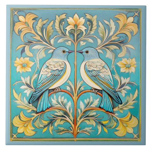 Elegante Art Nouveau Vogels Pat#23 Blauwgroen Perz Tegeltje (Voorkant)