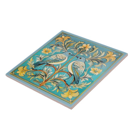 Elegante Art Nouveau Vogels Pat#23 Blauwgroen Perz Tegeltje (Zijkant)